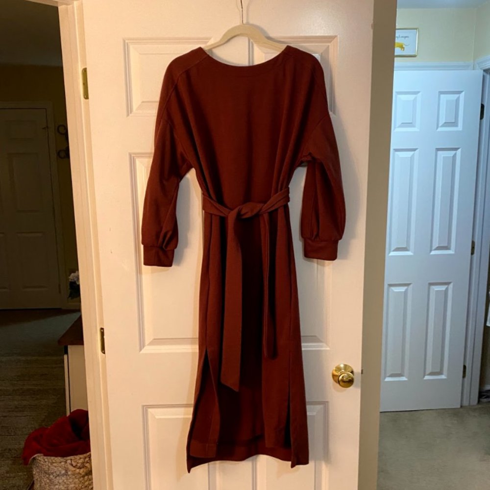 Maroon Long Sleeve Tie Cotton Dress Size Medium